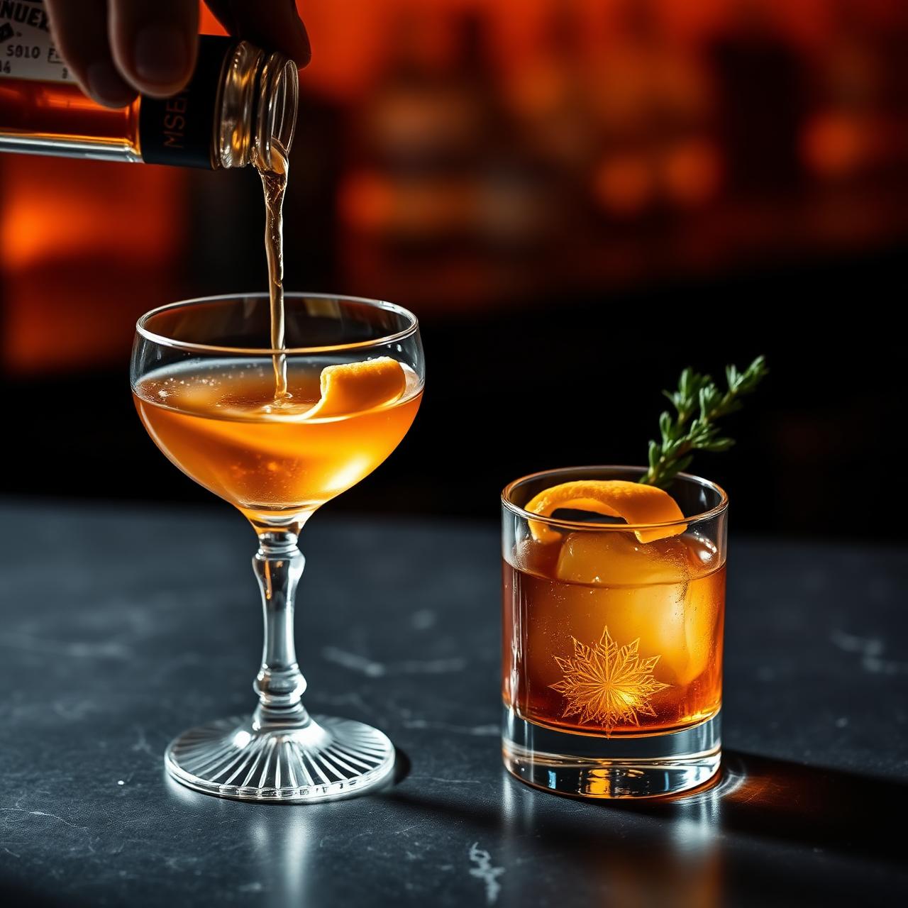 Craft cocktail being poured into a crystal coupe beside a smoked old fashioned